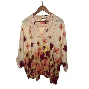 By Timo Sz Small Peach Orange Multicolor Floral Lightweight Cotton Boho Top